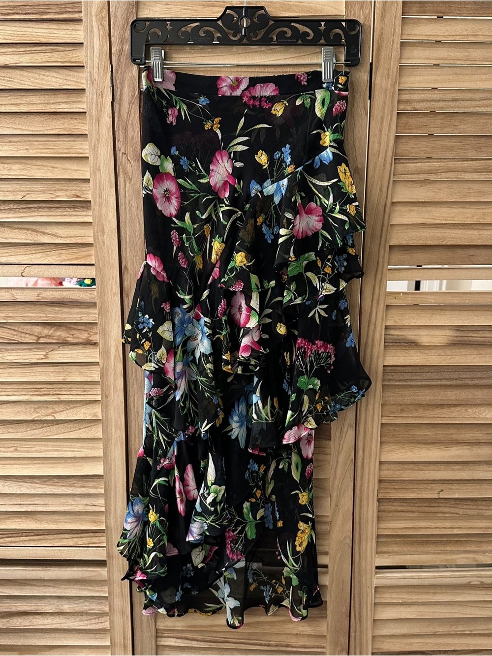 MISA Los Angeles Carmen Floral Asymmetric Ruffle Midi Skirt Black Size S - Picture 3 of 4